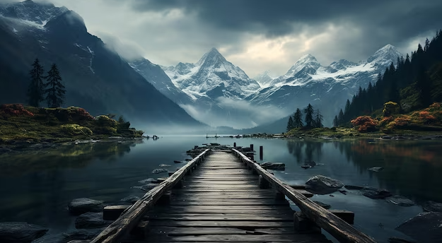 dock at lake with mountains in background